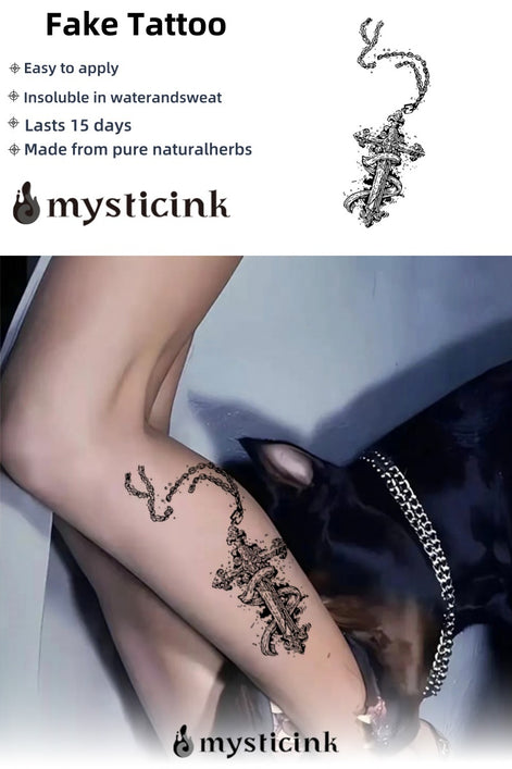 Fallen Grace Temporary Tattoo – Cross & Sword Design for Inner Strength
