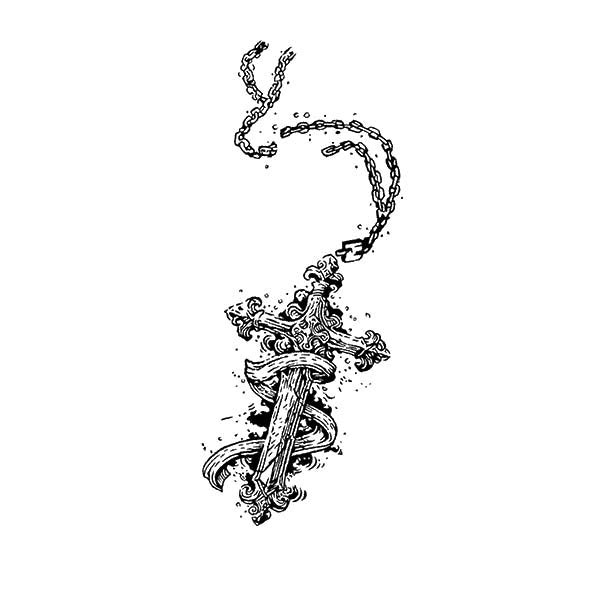Fallen Grace Temporary Tattoo – Cross & Sword Design for Inner Strength