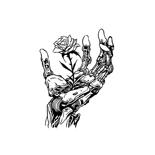Iron Bloom Temporary Tattoo – Robotic Hand Holding Rose Design | Mystic Ink