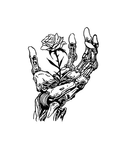 Iron Bloom Temporary Tattoo – Robotic Hand Holding Rose Design | Mystic Ink