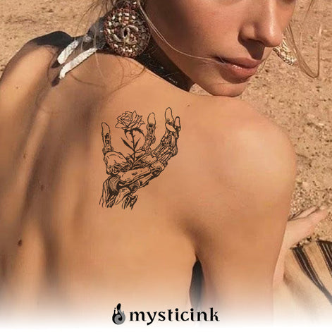 Iron Bloom Temporary Tattoo – Robotic Hand Holding Rose Design | Mystic Ink