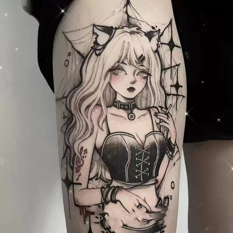 Gothic anime cat-girl temporary tattoo with corset and spiderwebs on upper arm