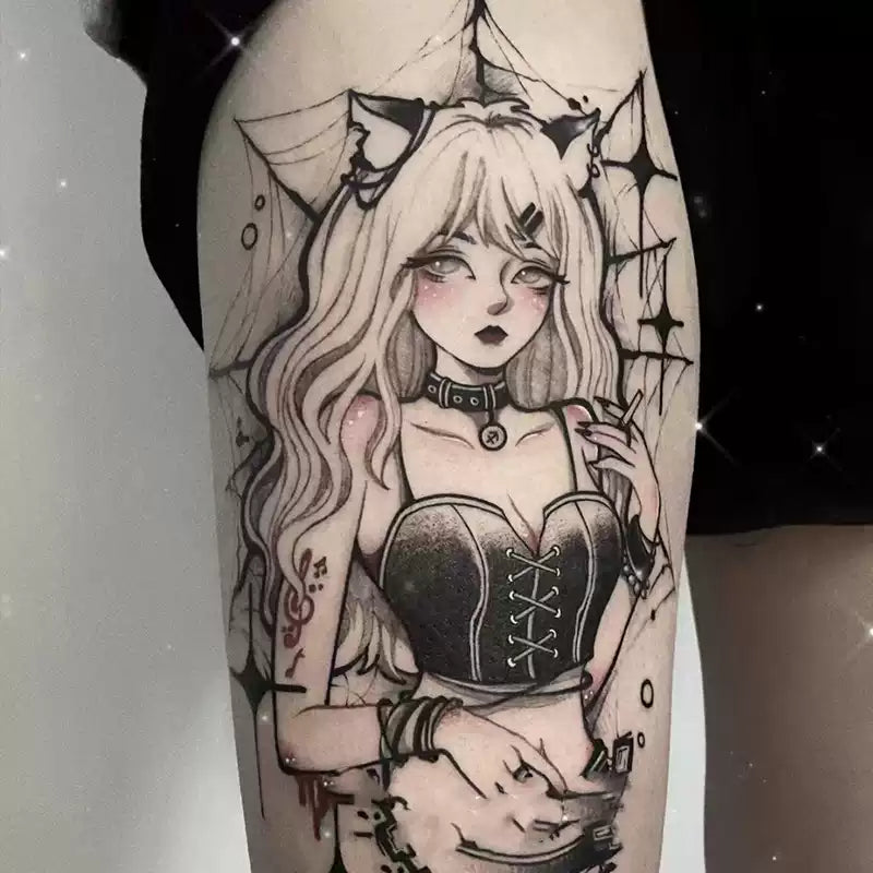 Gothic anime cat-girl temporary tattoo with corset and spiderwebs on upper arm