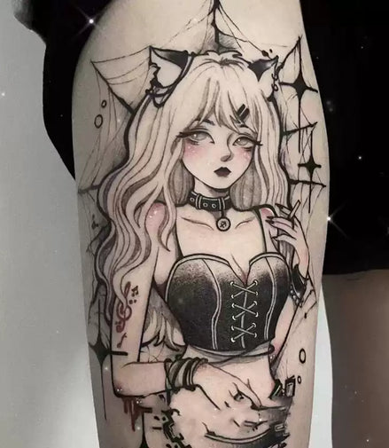 Gothic anime cat-girl temporary tattoo with corset and spiderwebs on upper arm