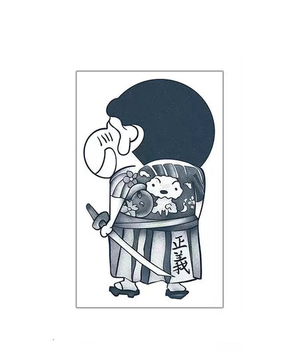 Small chibi samurai temporary tattoo with justice banner placed on the wrist