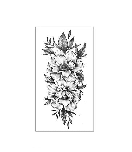Black-and-grey floral sleeve temporary tattoo with large blossoms and leaves on forearm