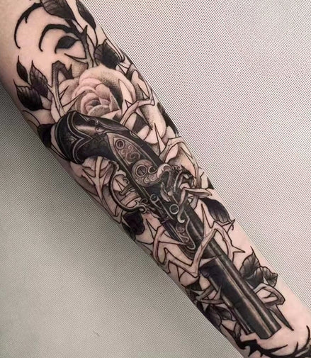 Thorned Pistol & Roses Temp Tattoo