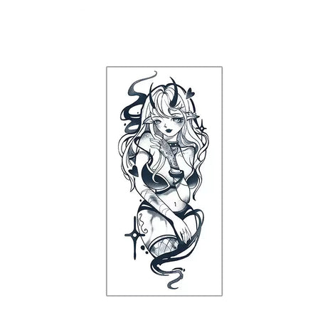Black-and-grey succubus pin-up temporary tattoo with crimson accents on forearm