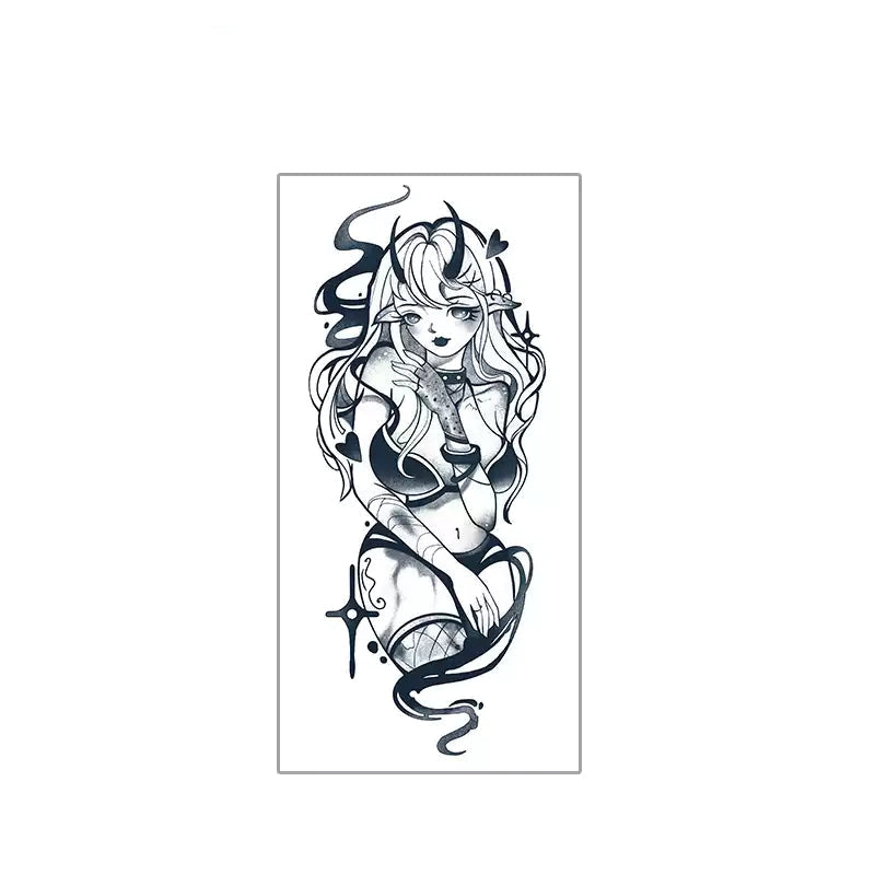Black-and-grey succubus pin-up temporary tattoo with crimson accents on forearm