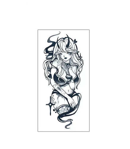 Black-and-grey succubus pin-up temporary tattoo with crimson accents on forearm