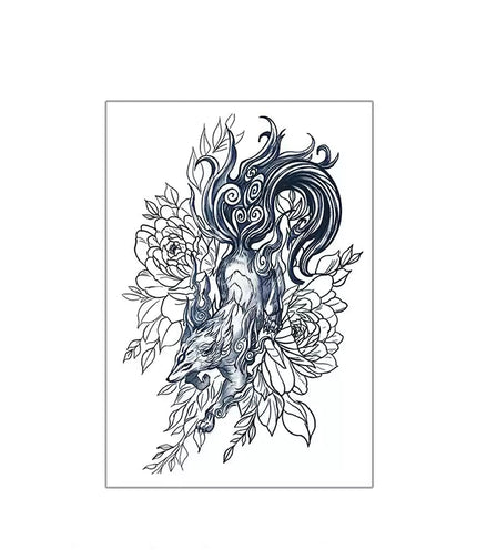 Vertical nine-tailed fox black-and-grey temporary tattoo with wind motifs