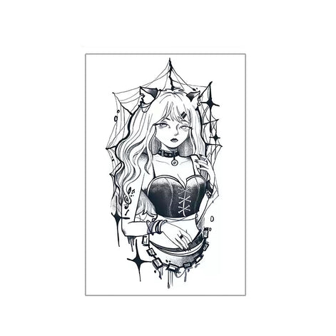 Gothic anime cat-girl temporary tattoo with corset and spiderwebs on upper arm