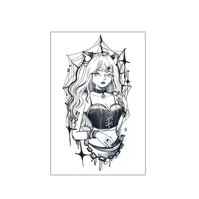 Gothic anime cat-girl temporary tattoo with corset and spiderwebs on upper arm