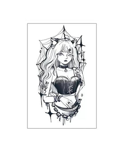 Gothic anime cat-girl temporary tattoo with corset and spiderwebs on upper arm
