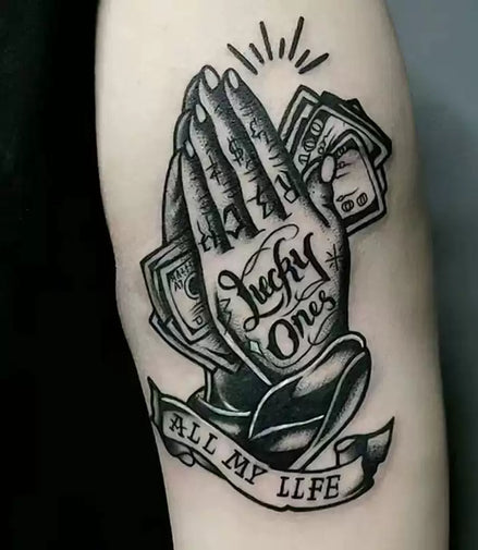 Blackwork praying hands holding cash with “ALL MY LIFE” banner