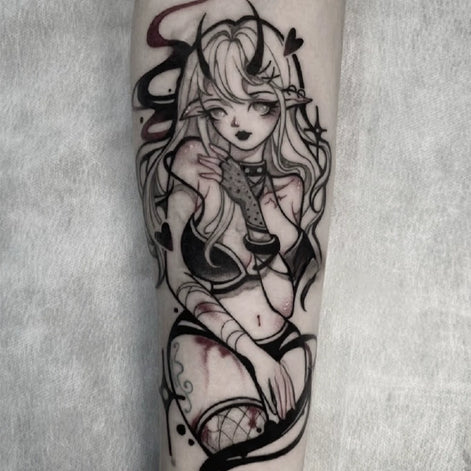 Black-and-grey succubus pin-up temporary tattoo with crimson accents on forearm
