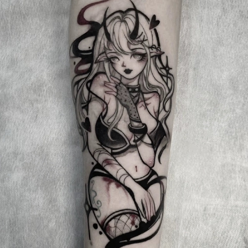 Black-and-grey succubus pin-up temporary tattoo with crimson accents on forearm