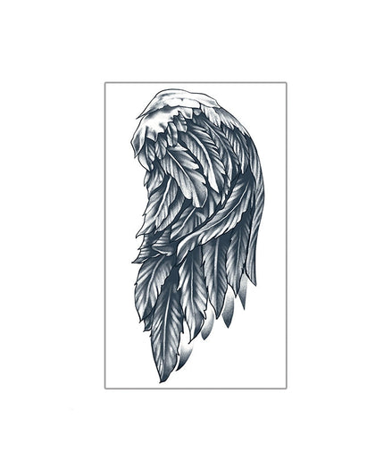 Shoulder temporary tattoo: large angel wing with layered feathers, black-gray shading; skin-safe botanical ink by MysticInk.