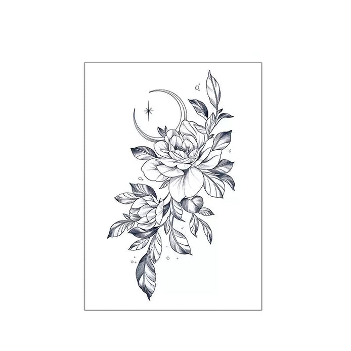Vertical peony and leaf temporary tattoo with crescent moon on forearm