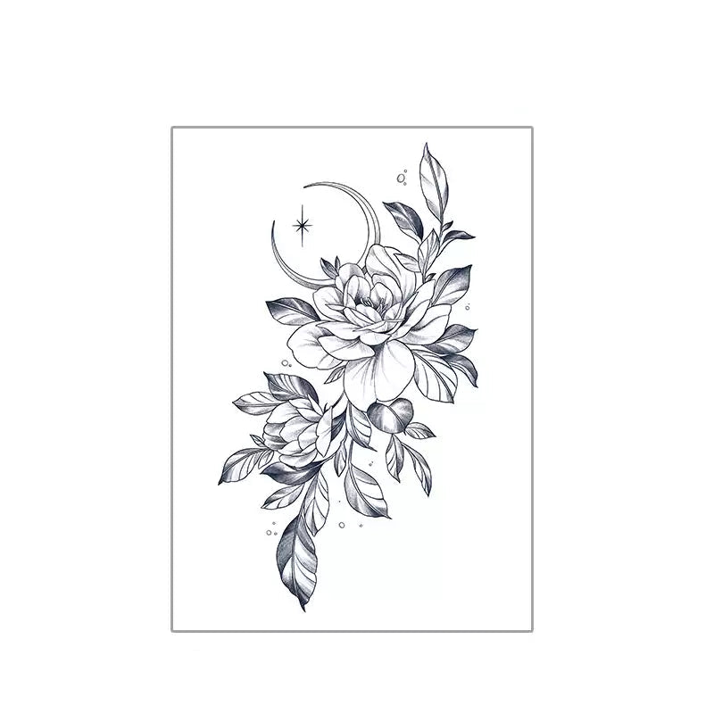 Vertical peony and leaf temporary tattoo with crescent moon on forearm