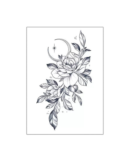 Vertical peony and leaf temporary tattoo with crescent moon on forearm