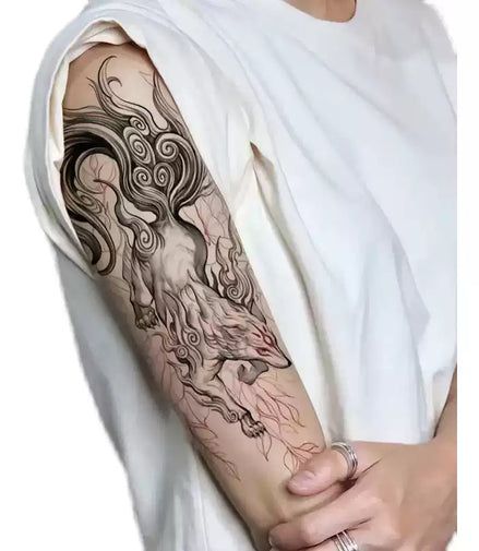 Vertical nine-tailed fox black-and-grey temporary tattoo with wind motifs